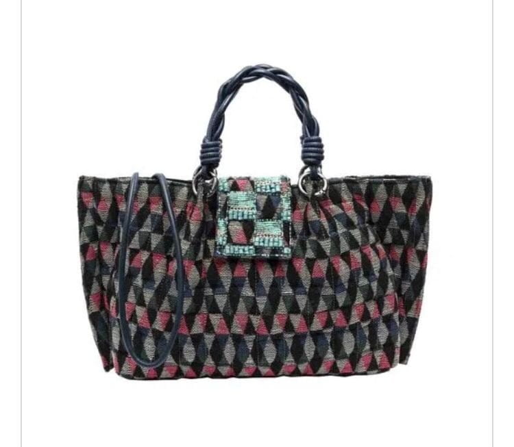 MAXI BOLSA ISLA MARINHO TAPEÇARIA MATELASSÊ BORDADA ALÇAS EM COURO NATURAL MULTI BLUE ISLA - NAYA Beachwear