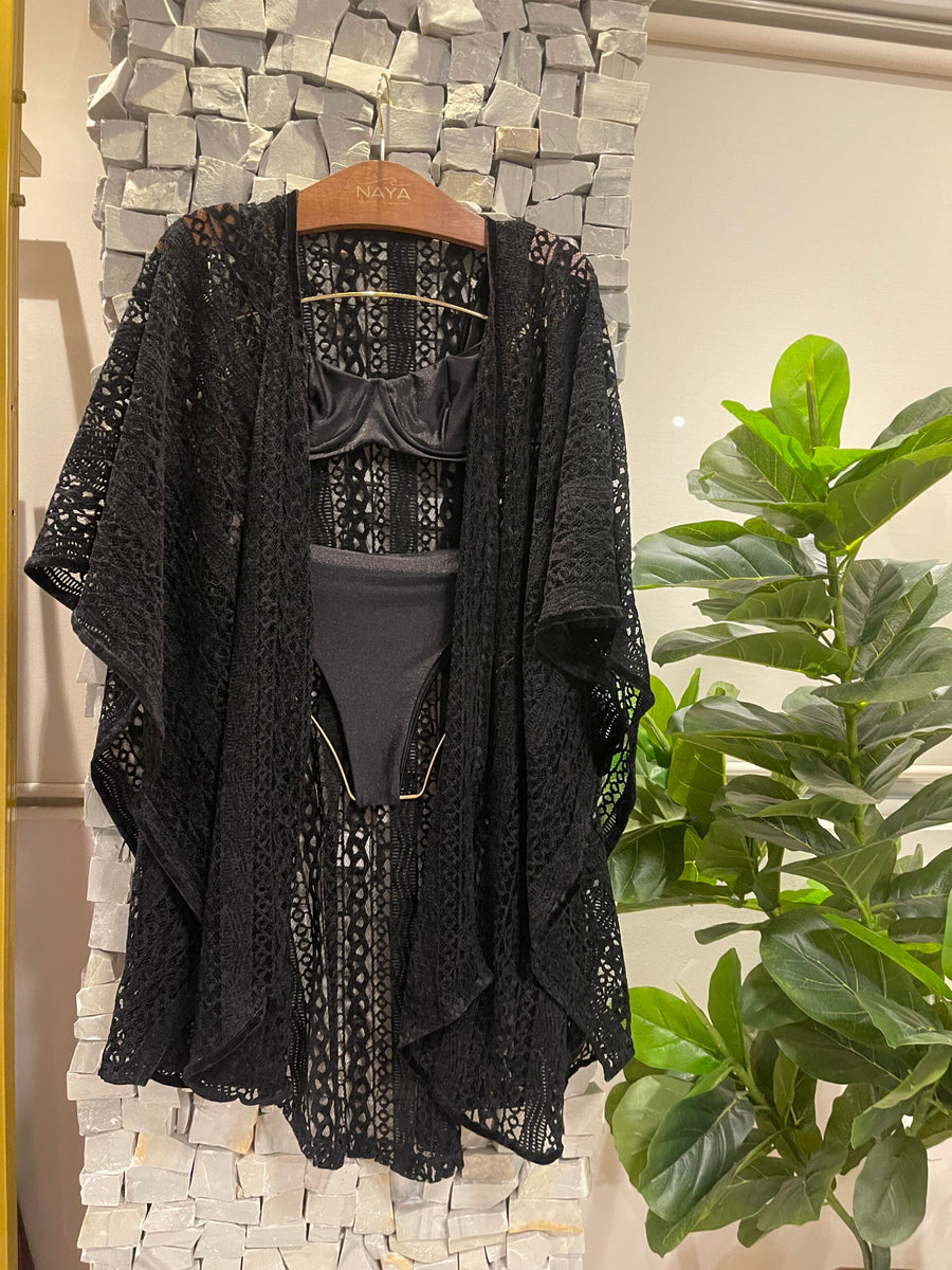 KAFTAN CURTO RENDA PRETO - NAYA Beachwear