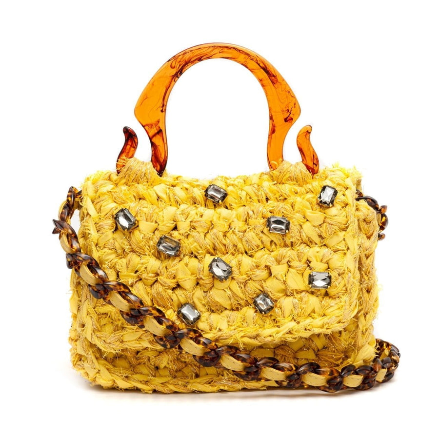 Bolsa ISLA Yellow Mini Baú Rainbow em Crochê Sustentável e Cristais amarelo - NAYA Beachwear